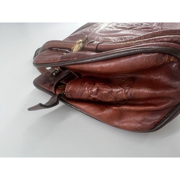 Vtg Aztec Hand Tooled Brown Leather Satchel Purse Mexico Mayan Boho Bag Roses - Picture 9 of 16
